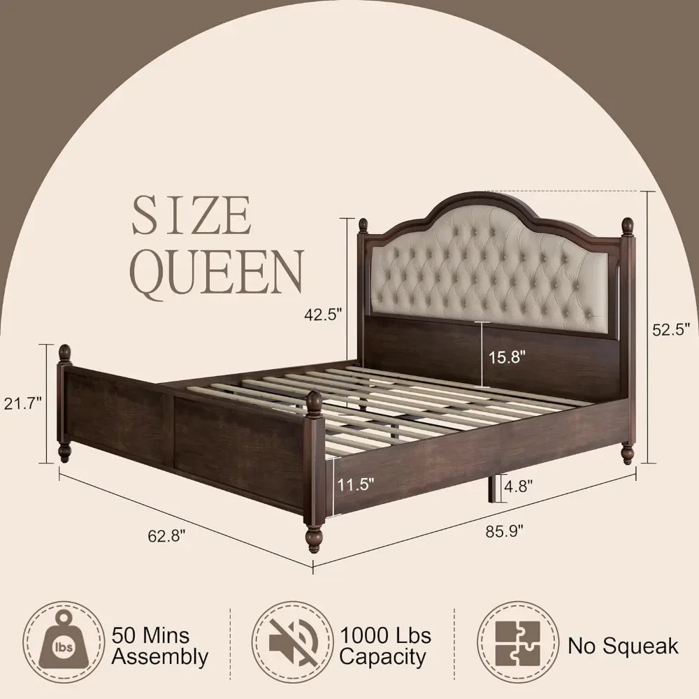 Queen/King Solid Wood Bed Frame, Upholstered Tufted