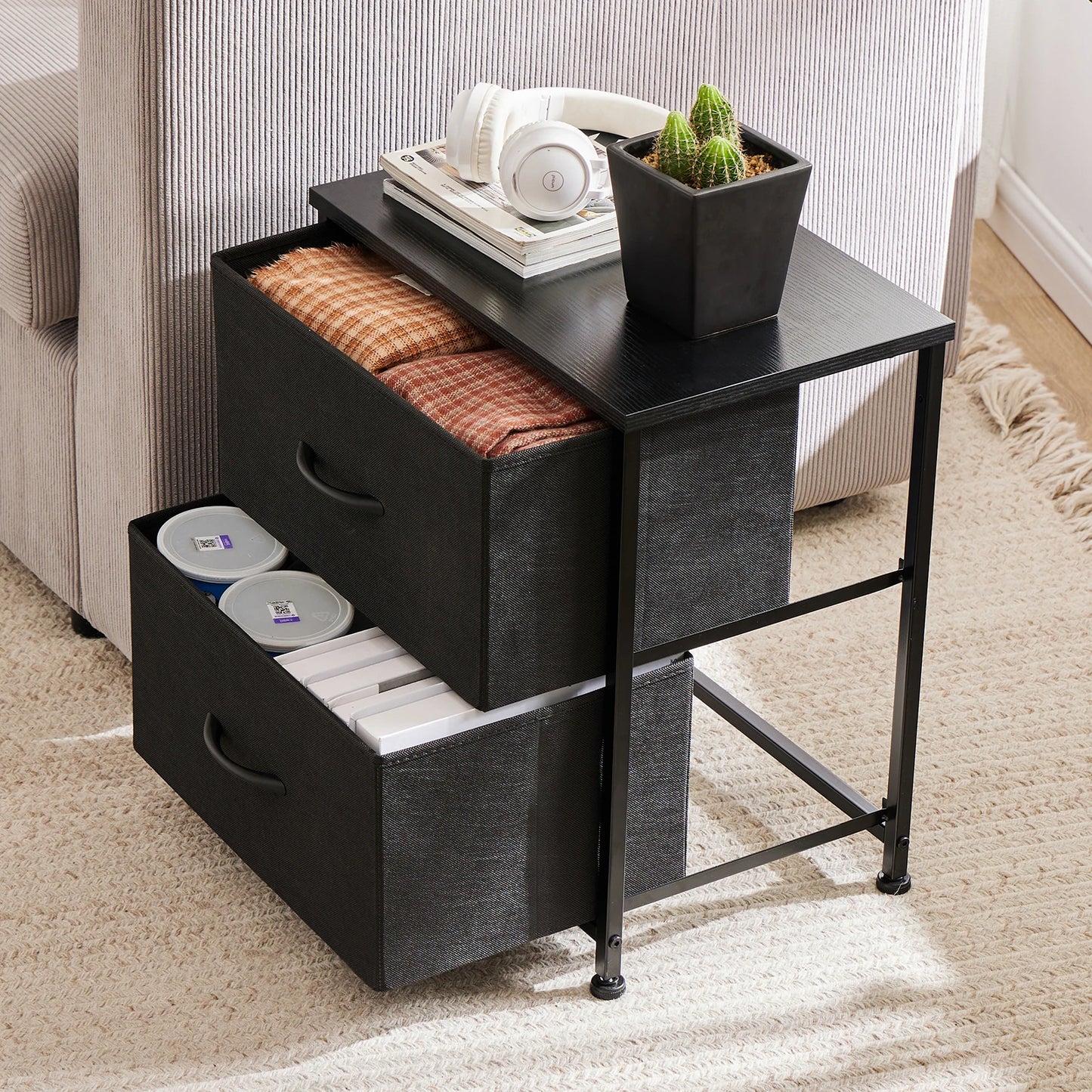 Nightstand Bedside Table With Fabric Drawers