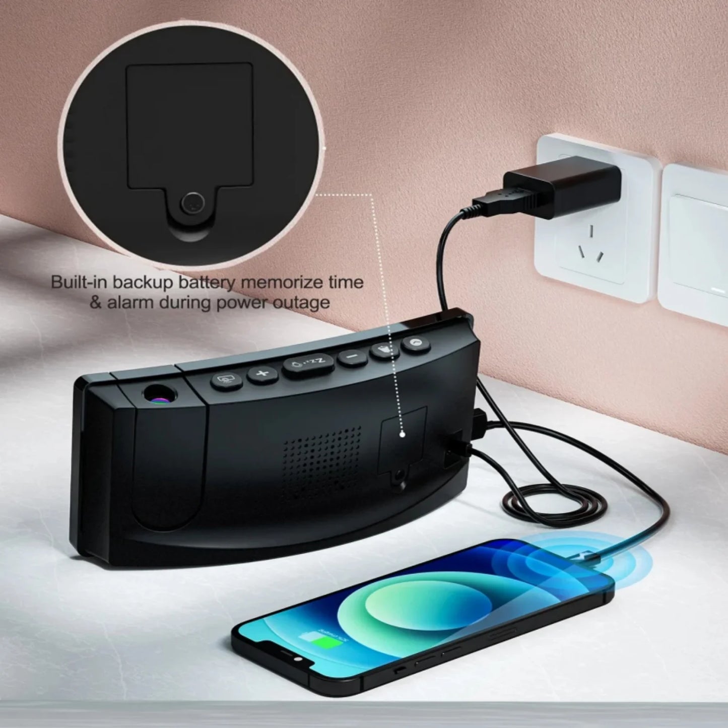 Projection Alarm Clock, Digital , Dimmer and USB