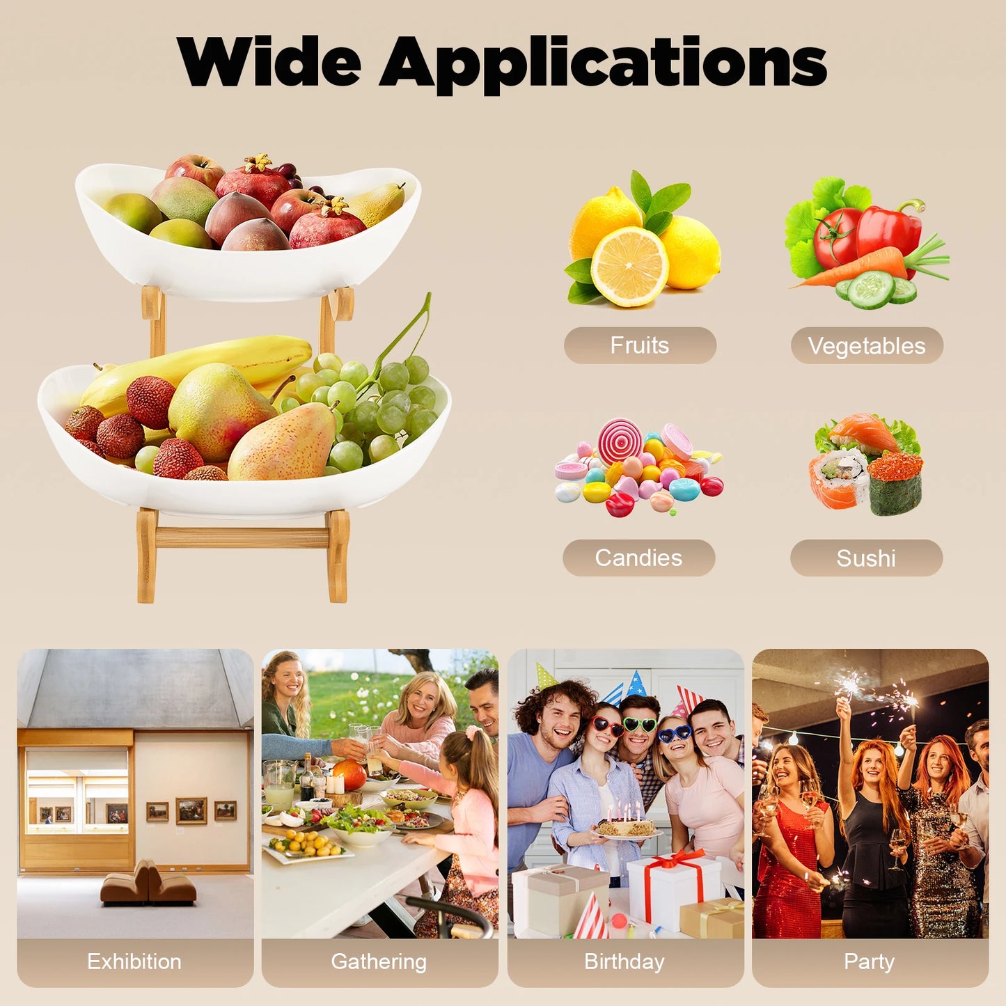 2-Tier Fruit Rack Ceramic Serving Bowls