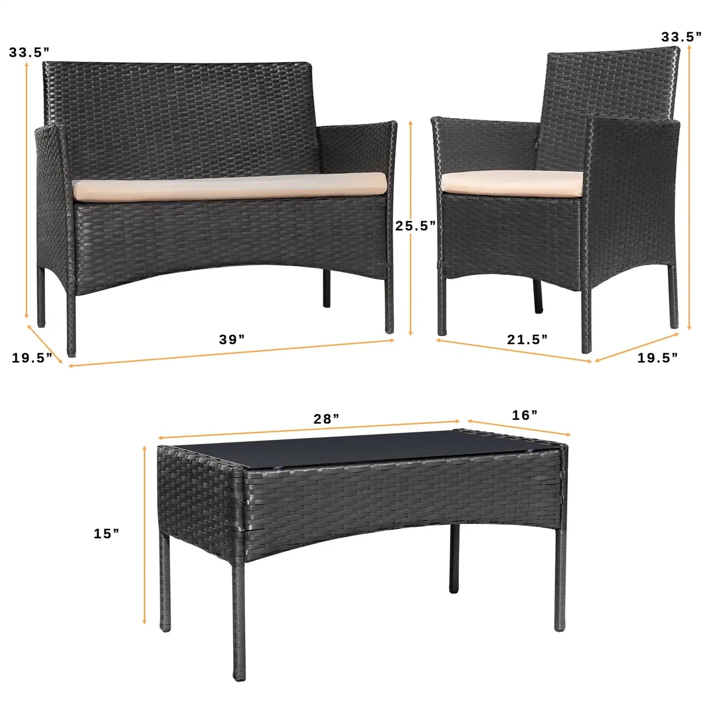 4 Pieces Patio Furniture Set, Rattan Wicker