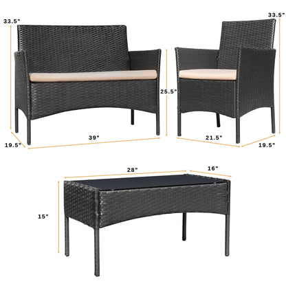 4 Pieces Patio Furniture Set, Rattan Wicker