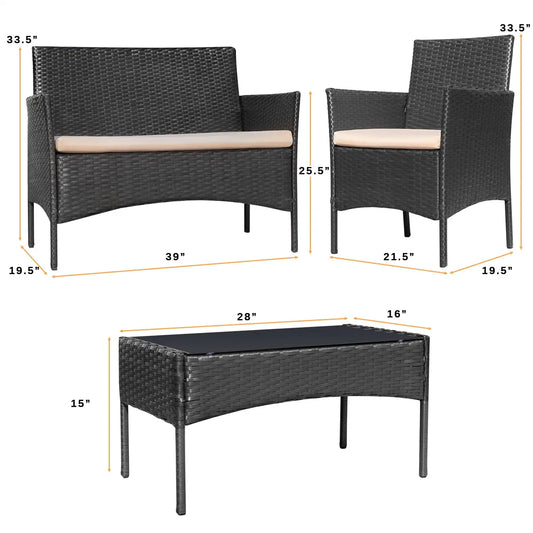 4 Pieces Patio Furniture Set, Rattan Wicker