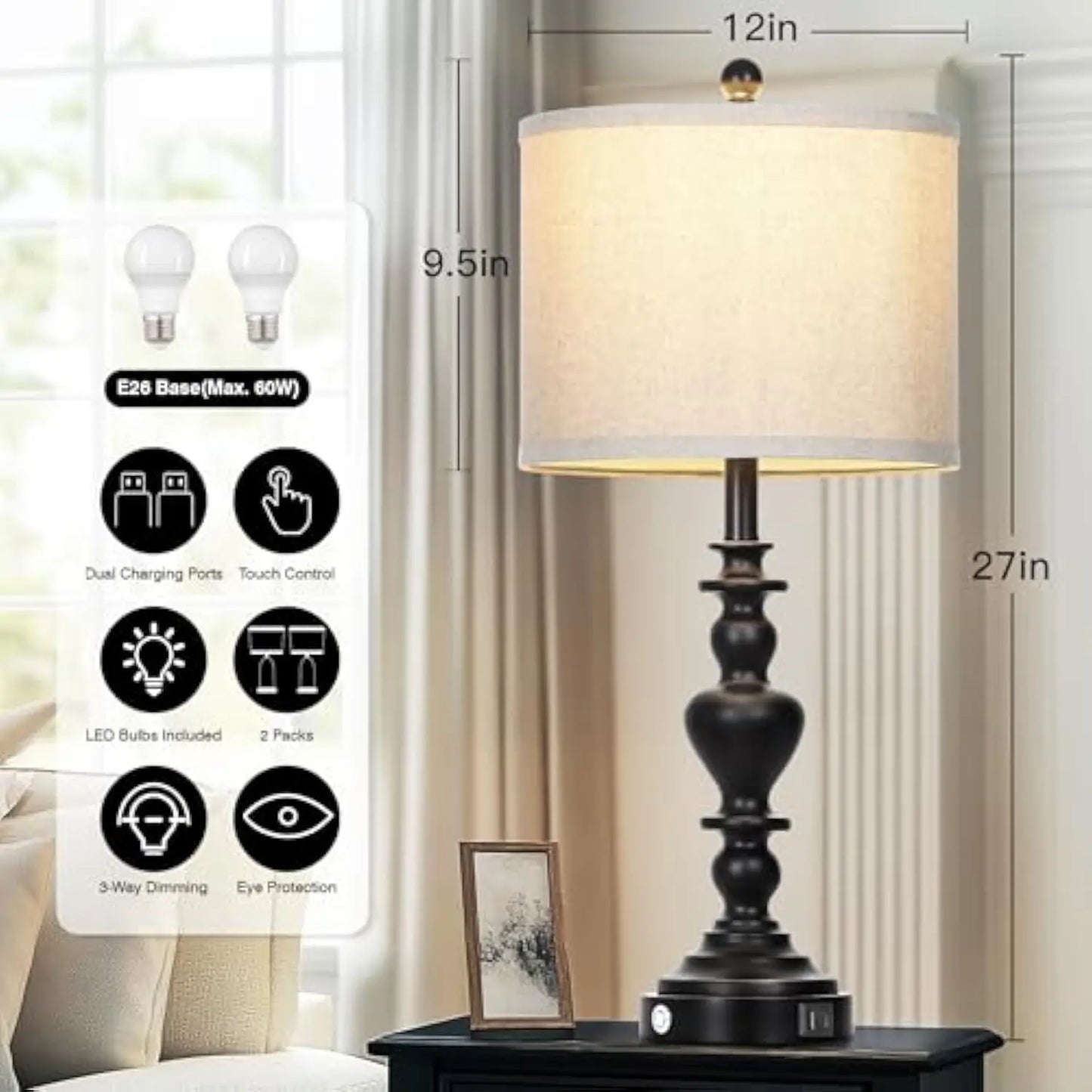 Farmhouse Vintage Touch Control Lamps, 27 Inches