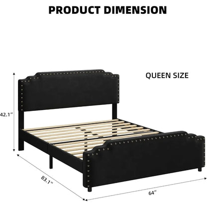 Full/Queen/King Bed Frame With Headboard, Velvet Upholstered