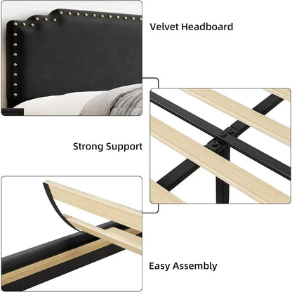 Full/Queen/King Bed Frame With Headboard, Velvet Upholstered