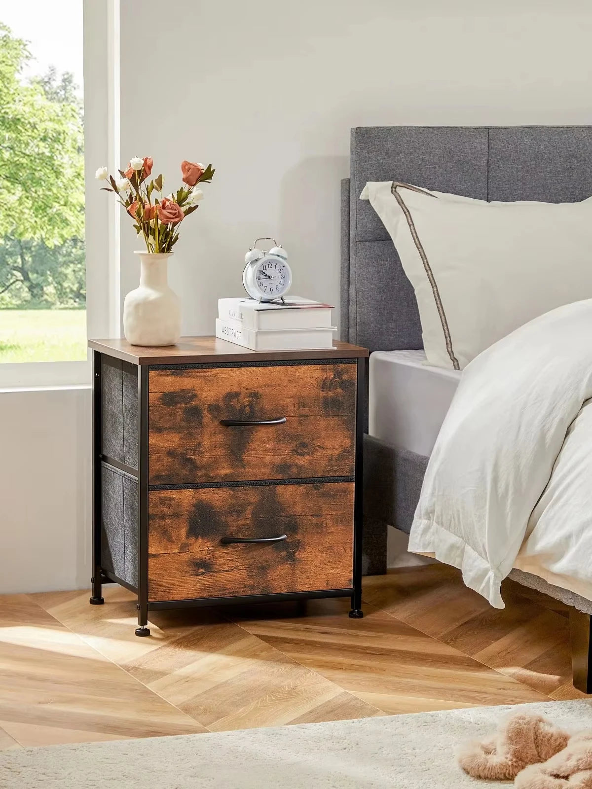 Nightstand Bedside Table With Fabric Drawers