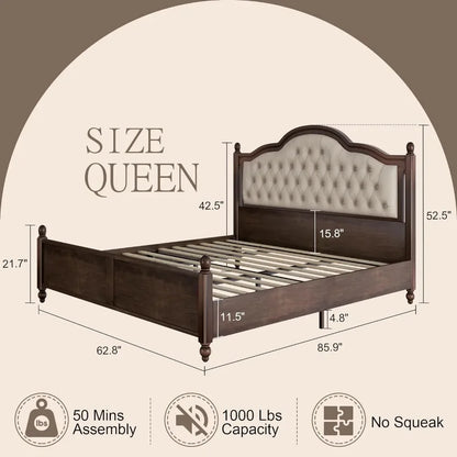 Queen/King Solid Wood Bed Frame, Upholstered Tufted