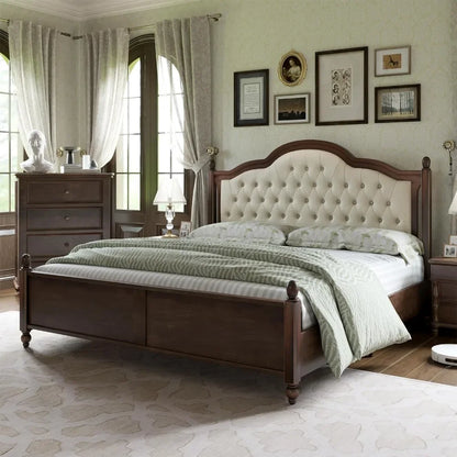 Queen/King Solid Wood Bed Frame, Upholstered Tufted