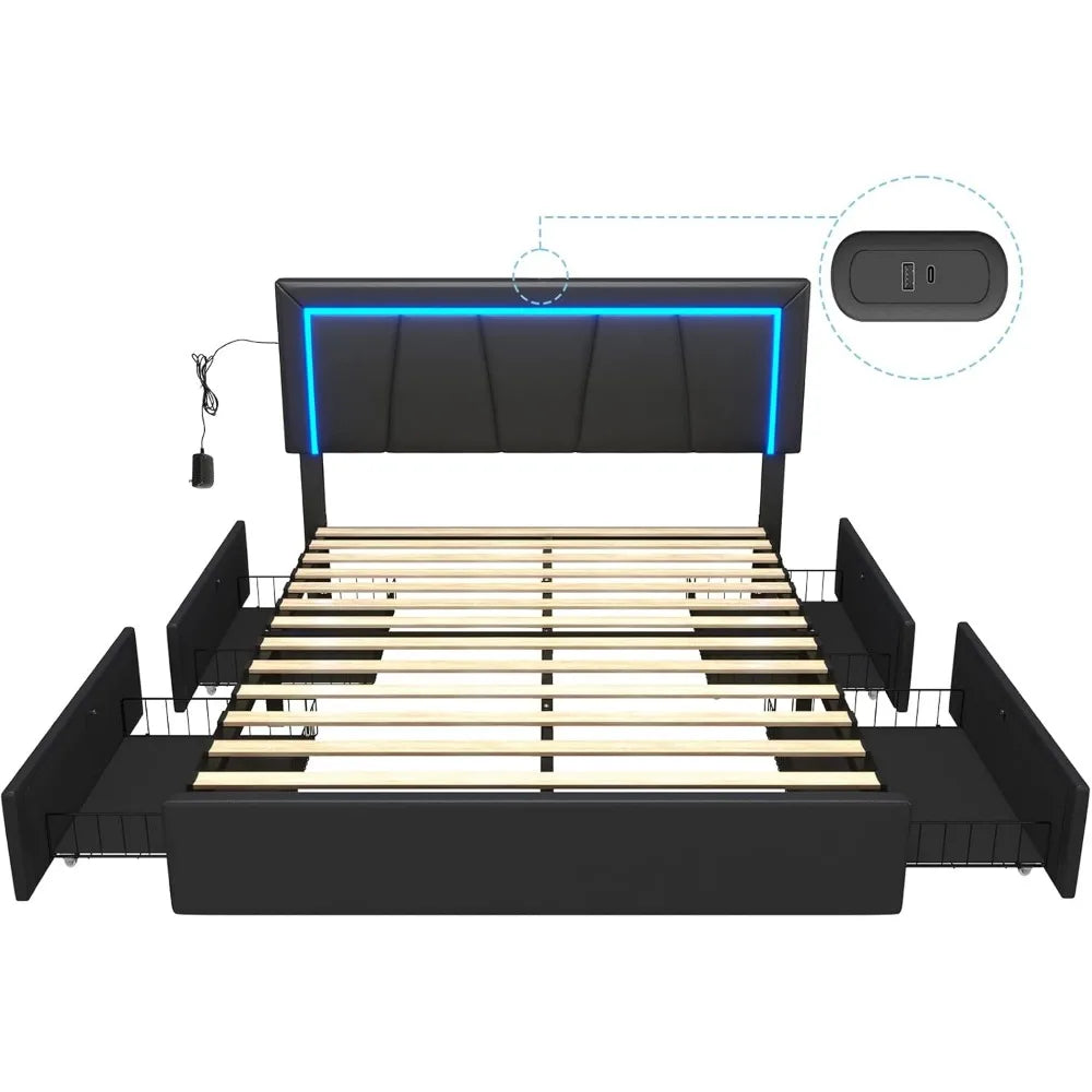 LED Bed Frame With 4 Drawers