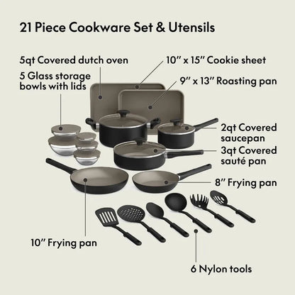 Nonstick Cookware Set With Glass Lids, 21-Piece