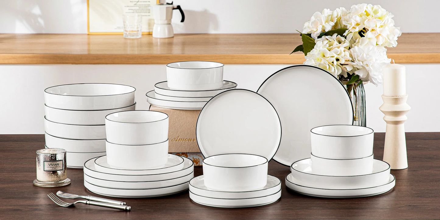 24 Piece Dinner Plates Set Black Rim