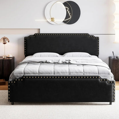 Full/Queen/King Bed Frame With Headboard, Velvet Upholstered
