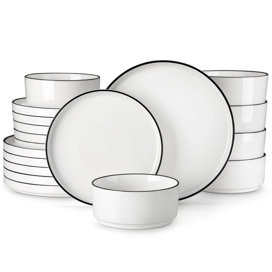 24 Piece Dinner Plates Set Black Rim
