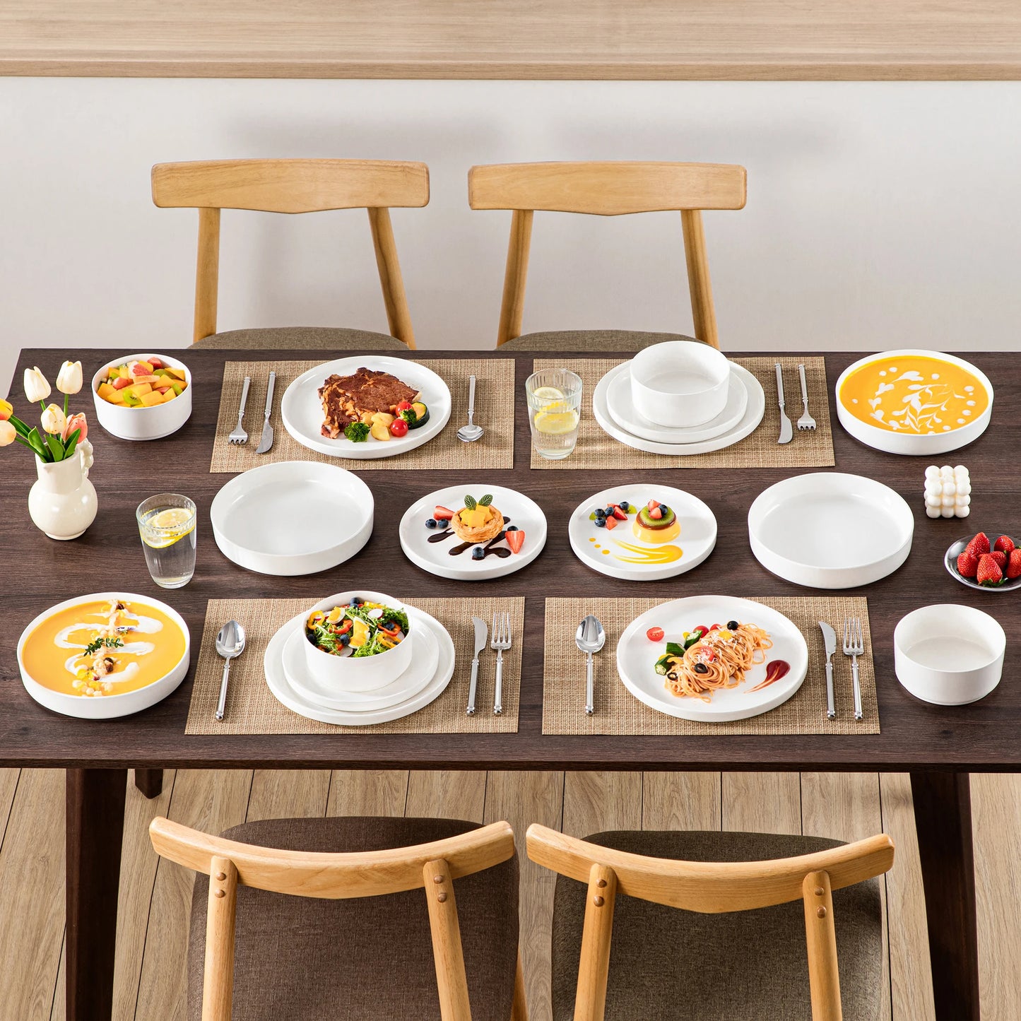 24 Piece Dinner Plates Set Black Rim